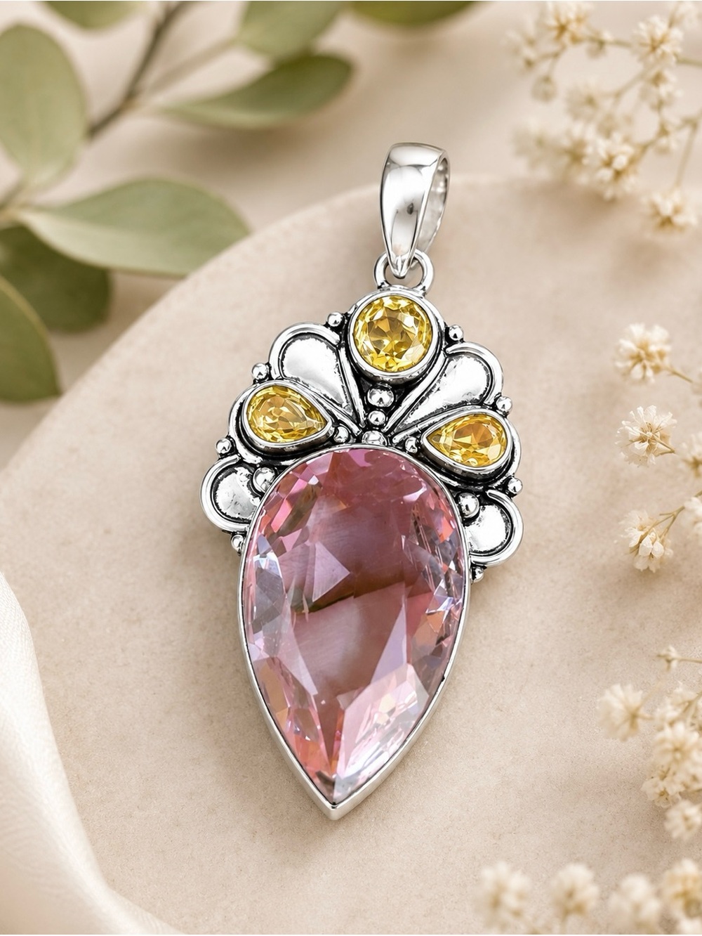 Pink Topaz Citrine Gemstone 2.4” Pendant